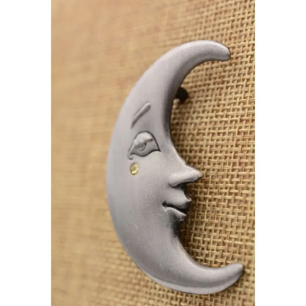 AJC Vintage Celestial Crescent Moon Pin Brooch Face Crystal Signed 1980s BinA18